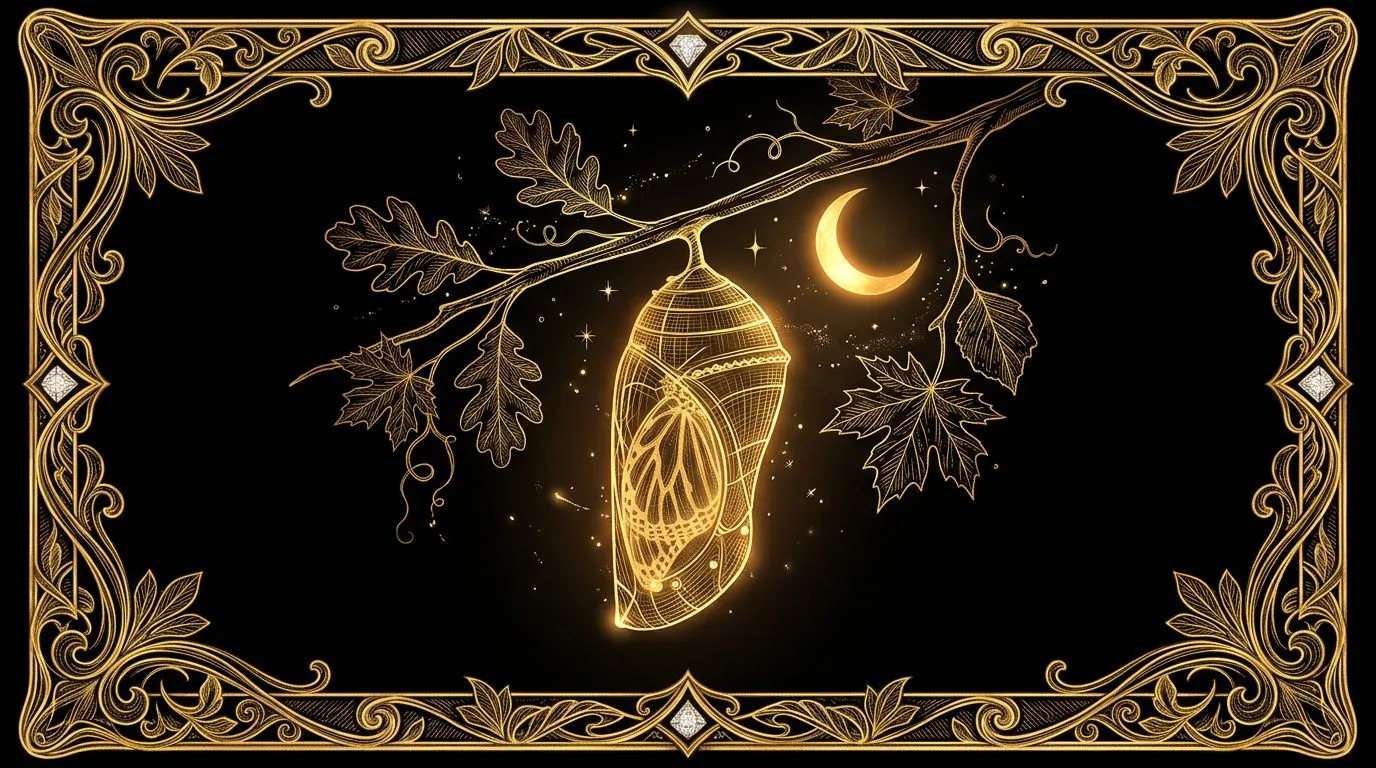 Gravure dorée : une chrysalide suspendue à une branche, sous un croissant de lune.