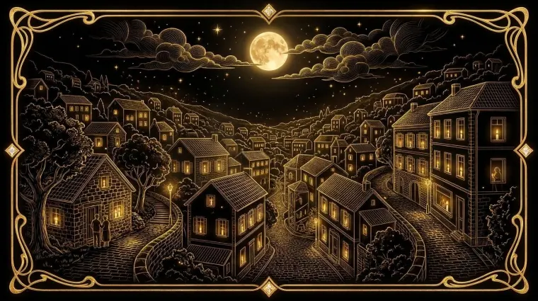 Gravure dorée : un village la nuit, sous la pleine lune, une bougie allumée à chaque fenêtre.