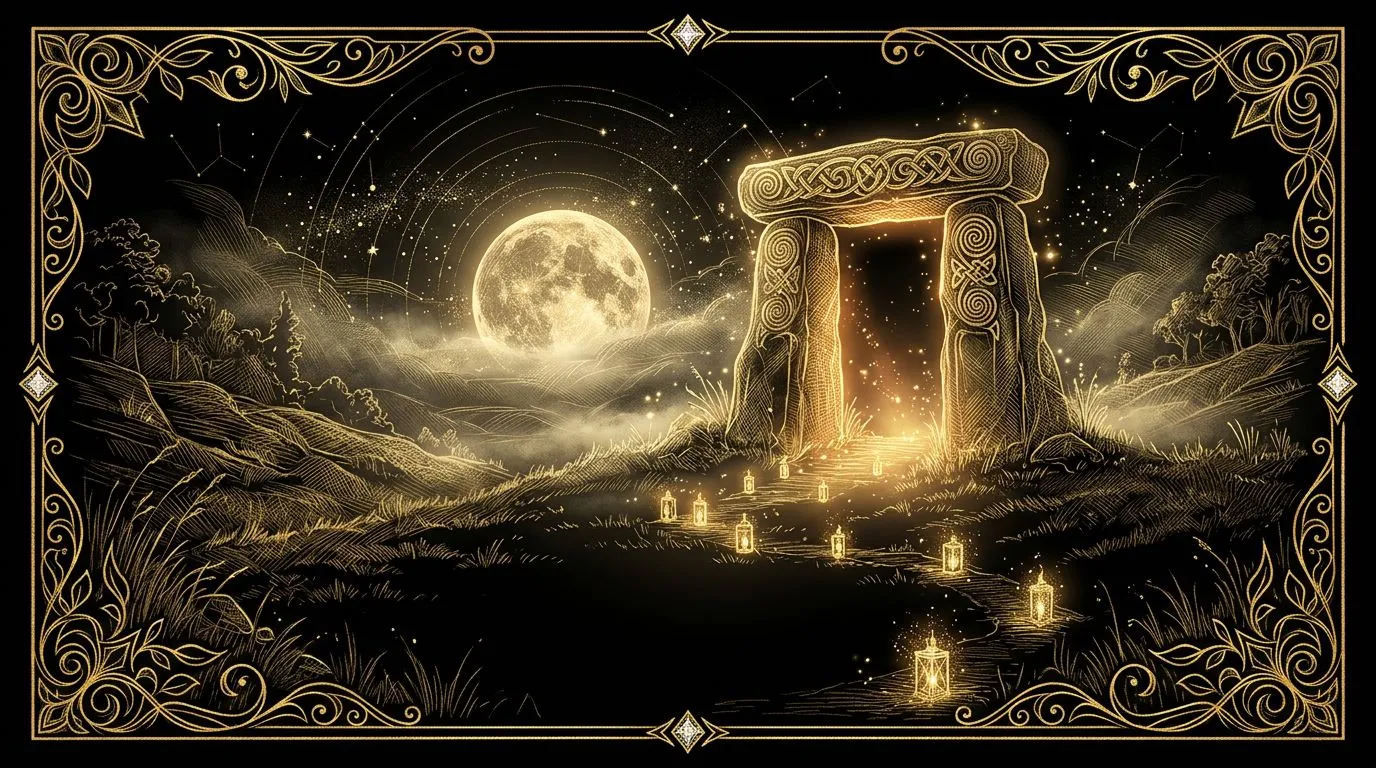 Gravure dorée : une porte de pierre celte, illuminée de l'intérieur, sous la pleine lune ; un chemin de petites lumières y mène.